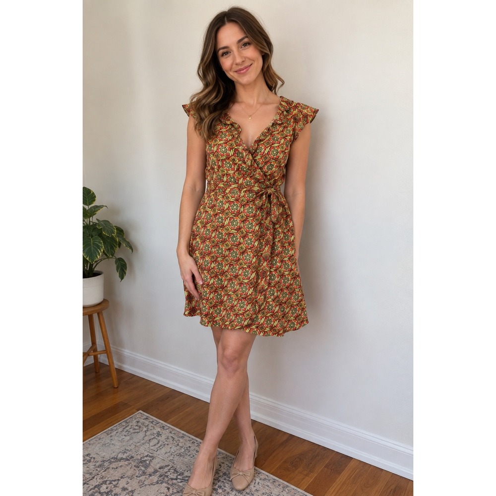 Serendipity Matilda Jane Red Green Geometric Floral Ruffle Wrap Dress Small